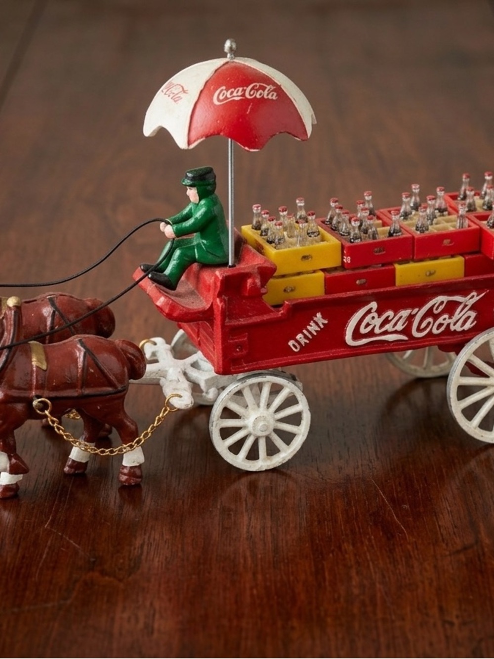 Cast Iron Coca Cola Red and White Horse-Drawn Delivery Wagon Toy with Umbrella